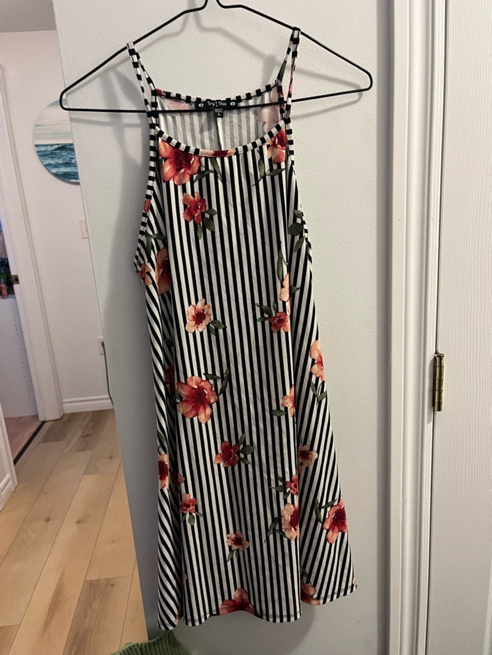 Striped Floral Slip Dress - Black & White with Red Floral
